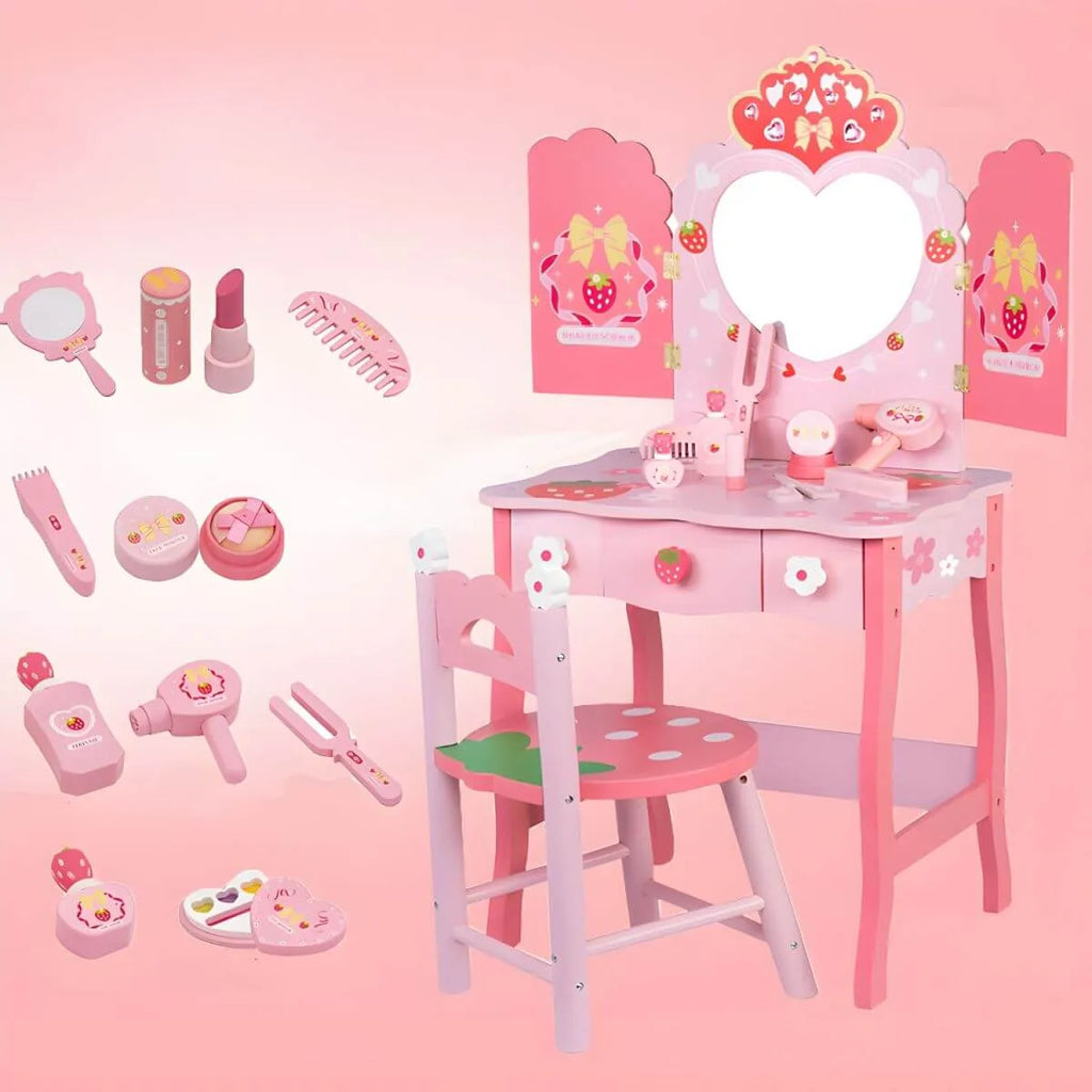 Princess-Themed Wooden Kids Makeup Vanity Set with Mirror and Storage