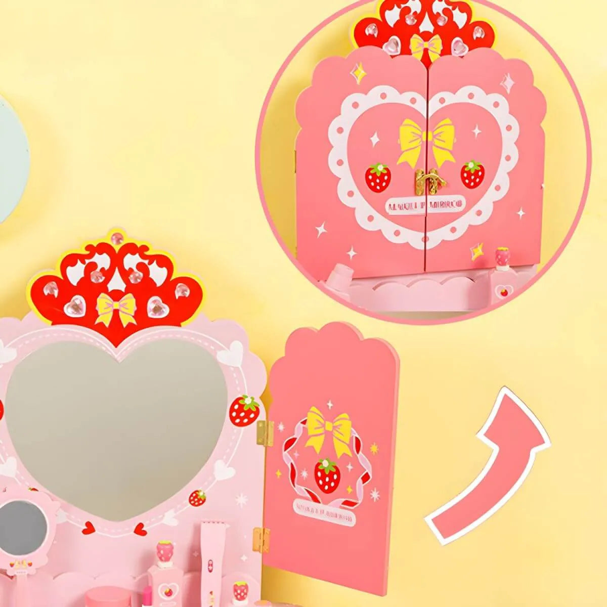 Princess-Themed Wooden Kids Makeup Vanity Set with Mirror and Storage