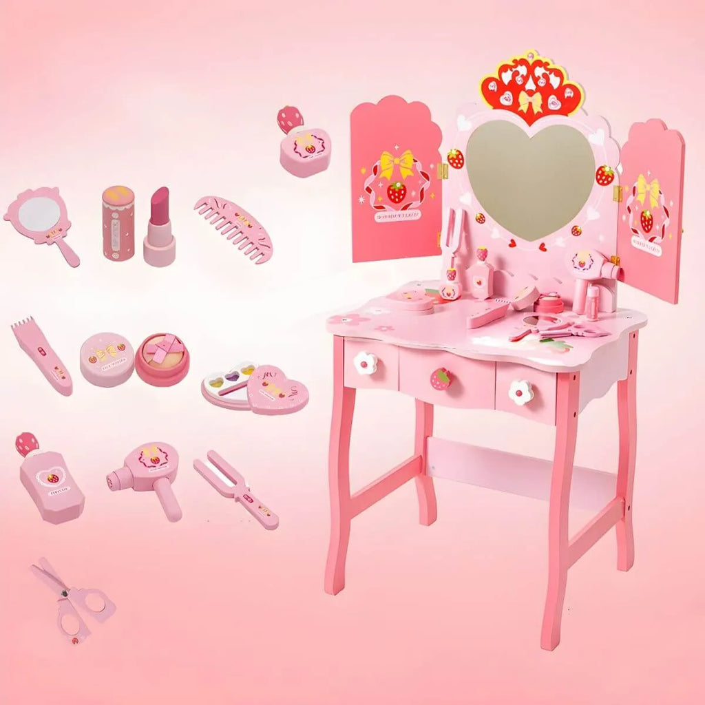 Princess-Themed Wooden Kids Makeup Vanity Set with Mirror and Storage