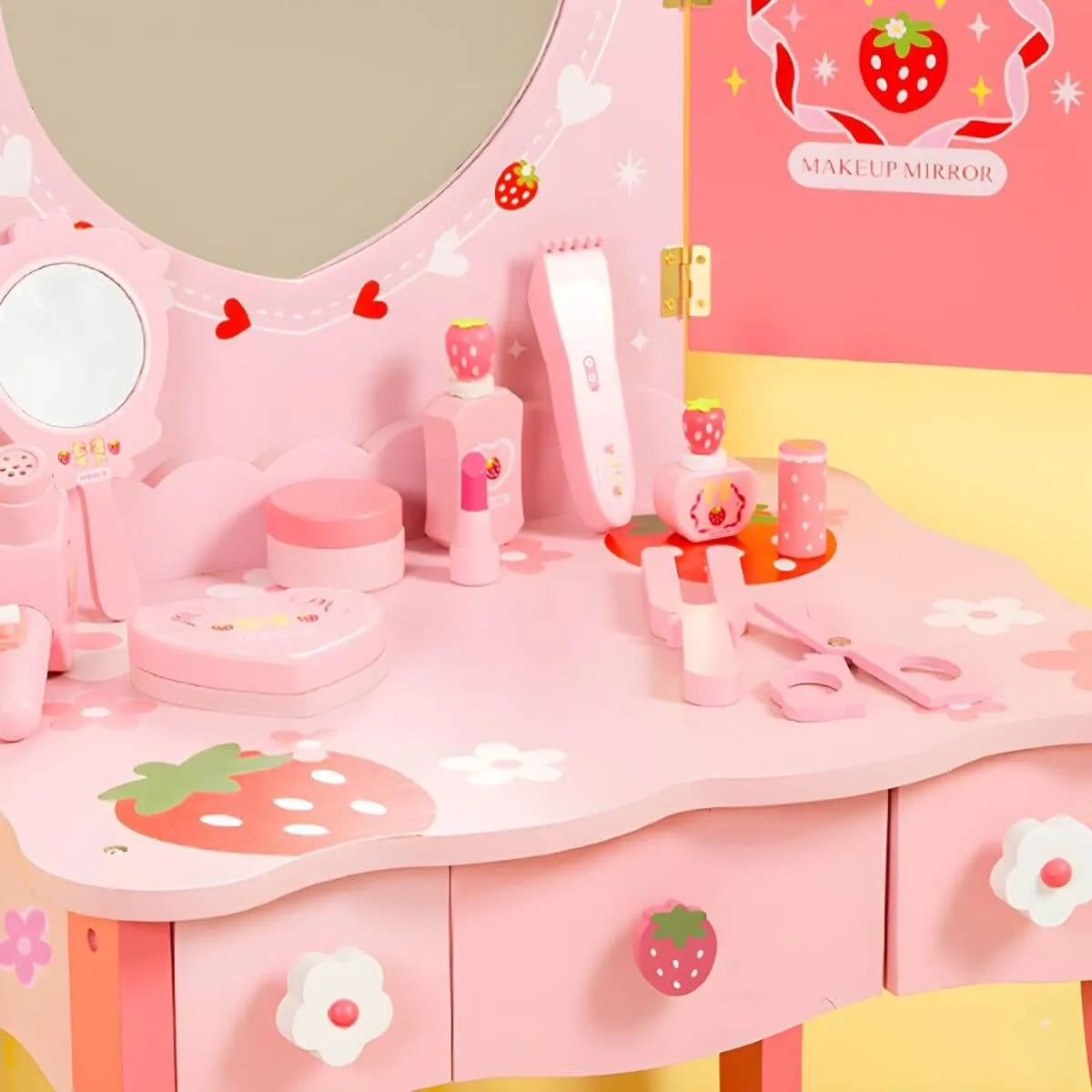 Princess-Themed Wooden Kids Makeup Vanity Set with Mirror and Storage