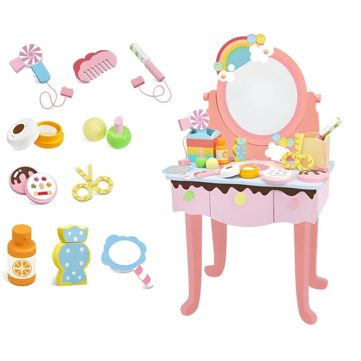 Princess-Themed Wooden Kids Makeup Vanity Set with Mirror and Storage