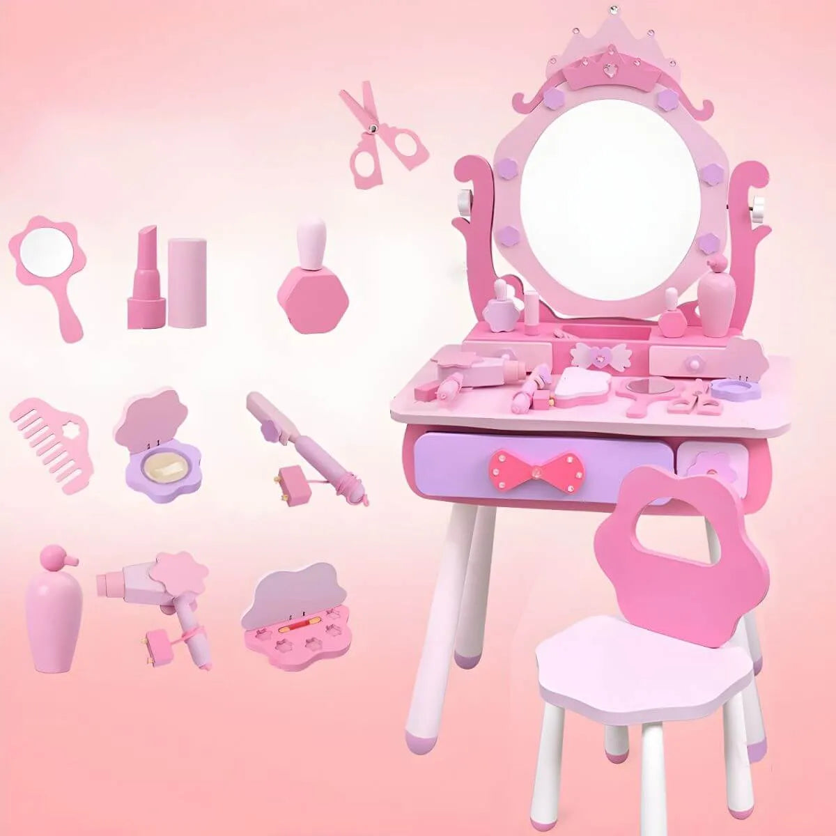 Princess-Themed Wooden Kids Makeup Vanity Set with Mirror and Storage