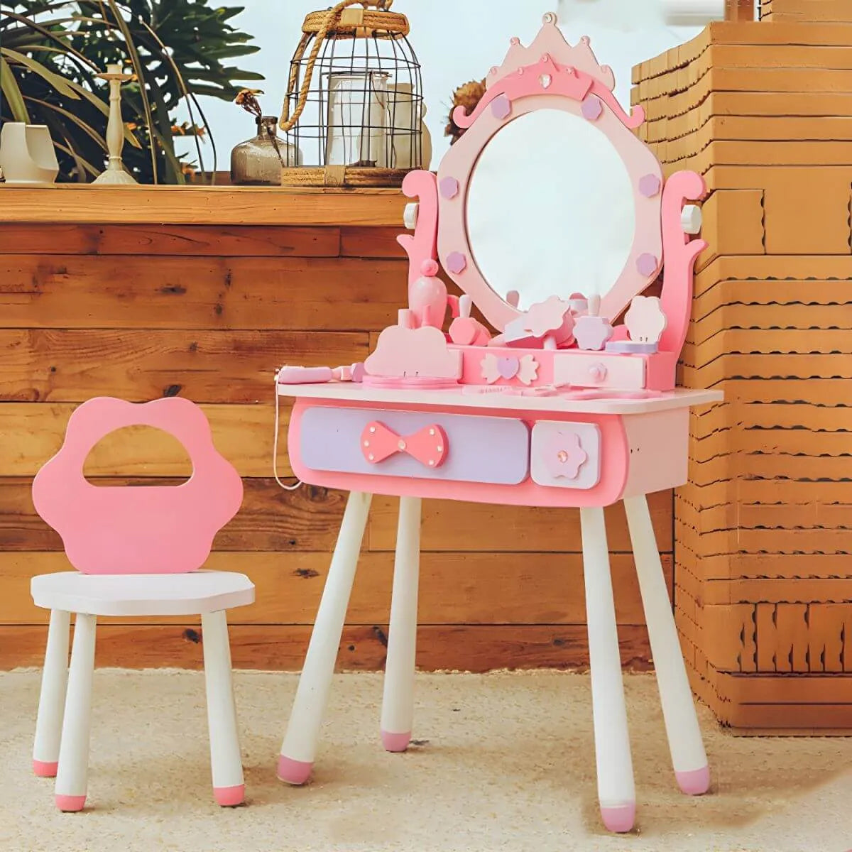 Princess-Themed Wooden Kids Makeup Vanity Set with Mirror and Storage Image secondaire du produit