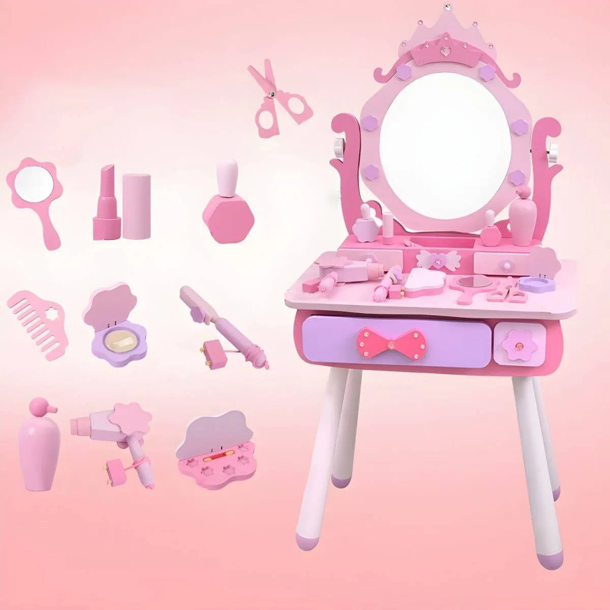 Princess-Themed Wooden Kids Makeup Vanity Set with Mirror and Storage