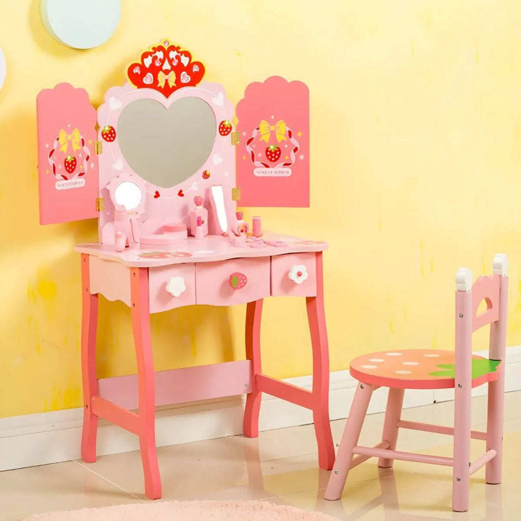 Princess-Themed Wooden Kids Makeup Vanity Set with Mirror and Storage