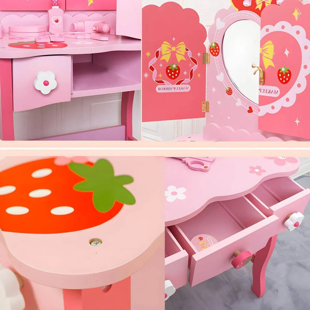 Princess-Themed Wooden Kids Makeup Vanity Set with Mirror and Storage
