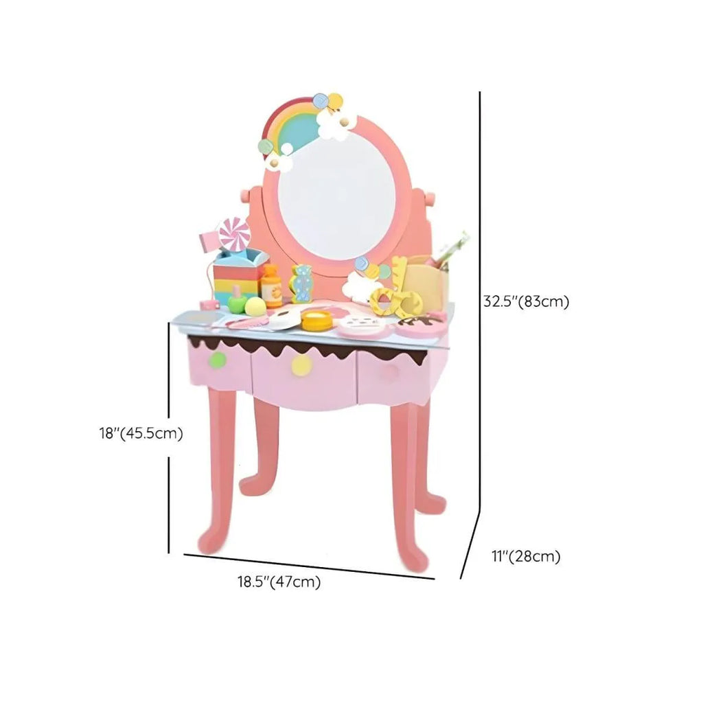 Princess-Themed Wooden Kids Makeup Vanity Set with Mirror and Storage Dimensions