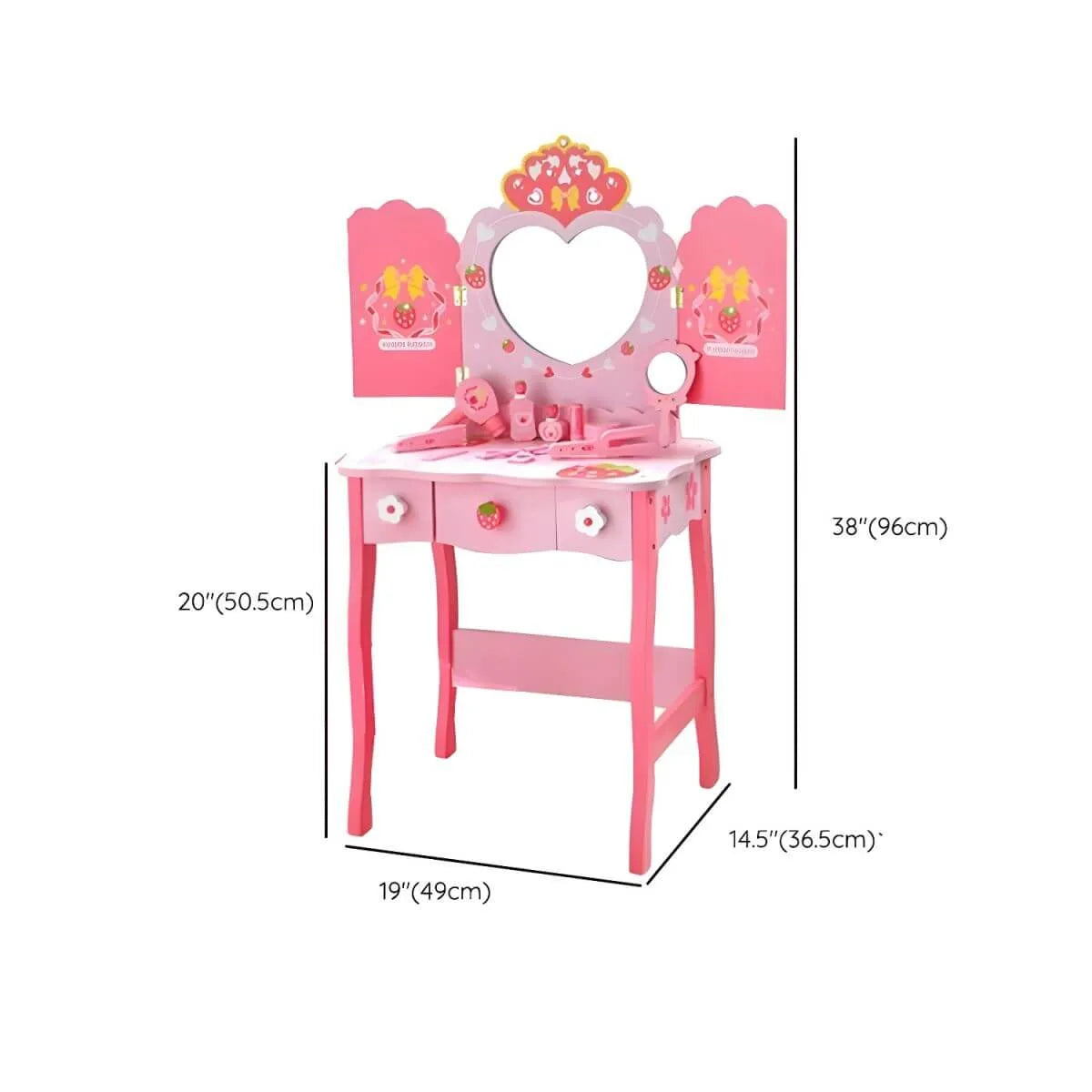 Princess-Themed Wooden Kids Makeup Vanity Set with Mirror and Storage Dimensions