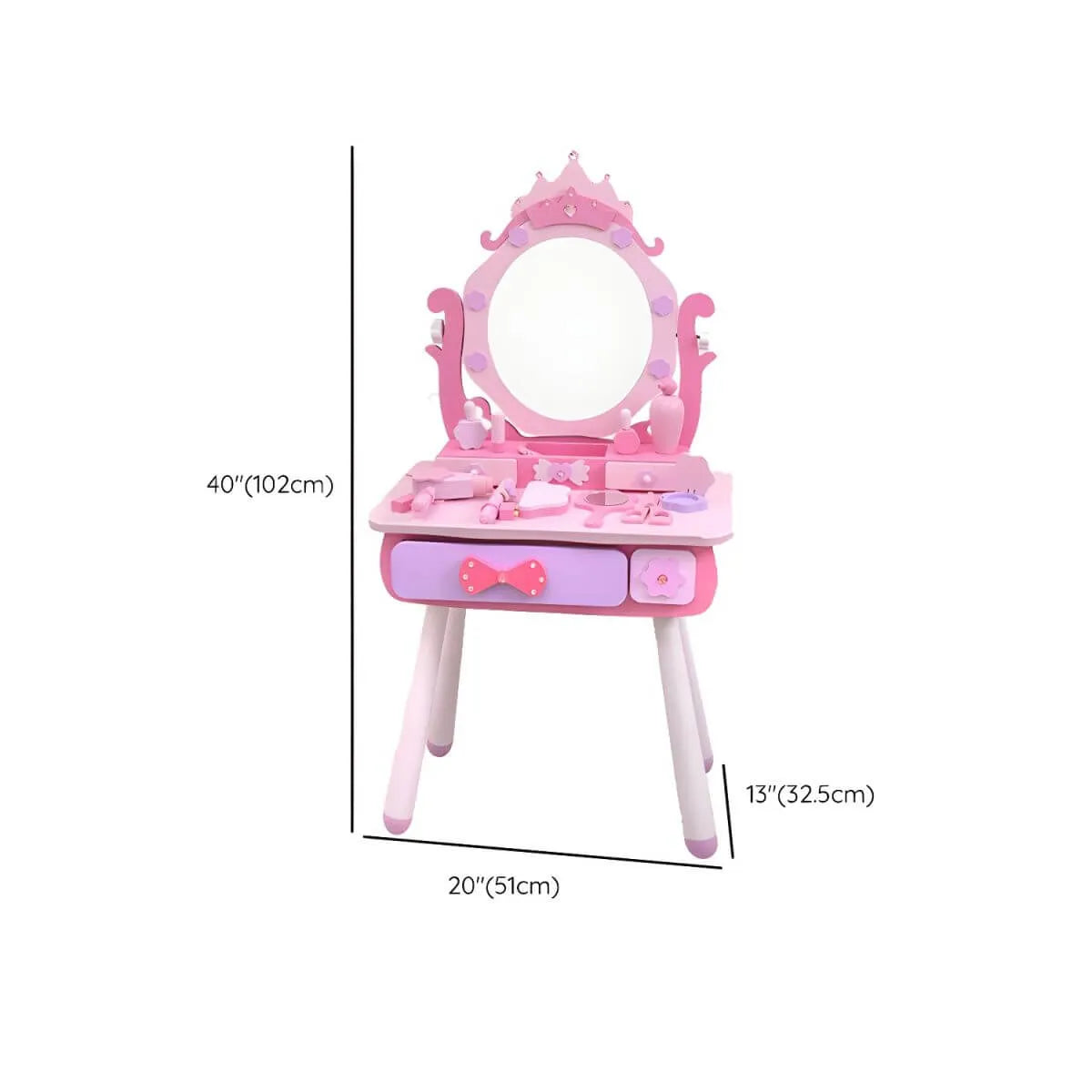 Princess-Themed Wooden Kids Makeup Vanity Set with Mirror and Storage Dimensions