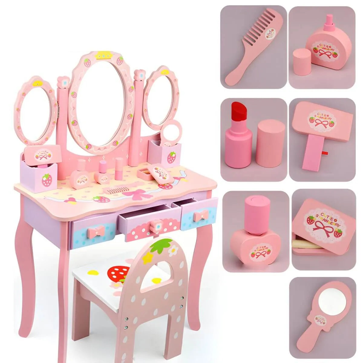 Princess-Themed Wooden Kids Makeup Vanity with Mirror & Jewelry Set