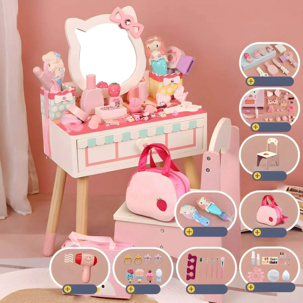 Princess-Themed Wooden Kids Makeup Vanity with Mirror & Jewelry Set