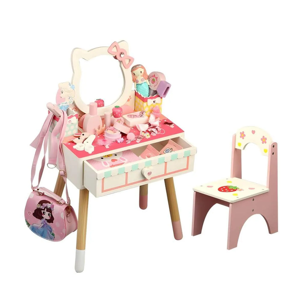 Princess-Themed Wooden Kids Makeup Vanity with Mirror & Jewelry Set