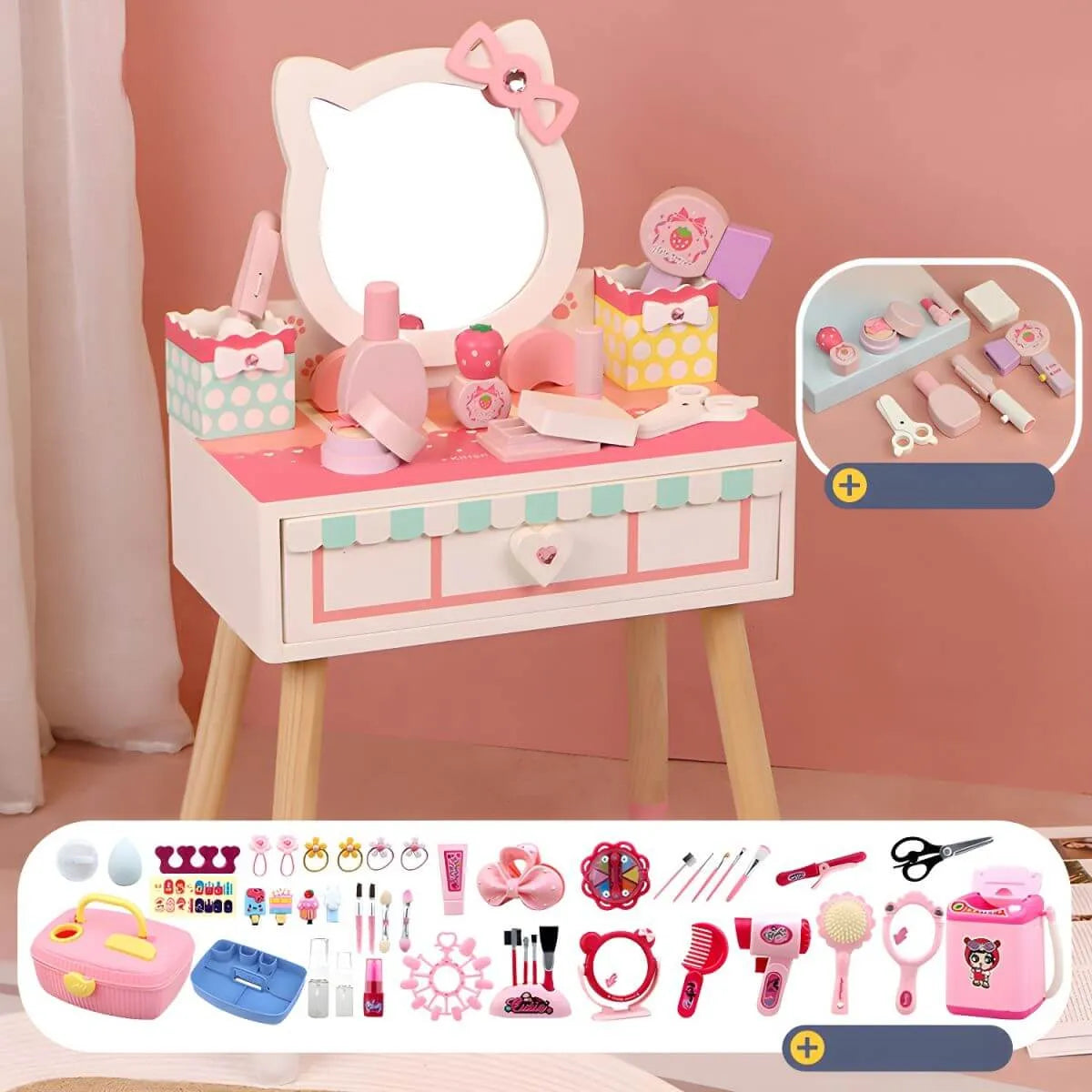 Princess-Themed Wooden Kids Makeup Vanity with Mirror & Jewelry Set