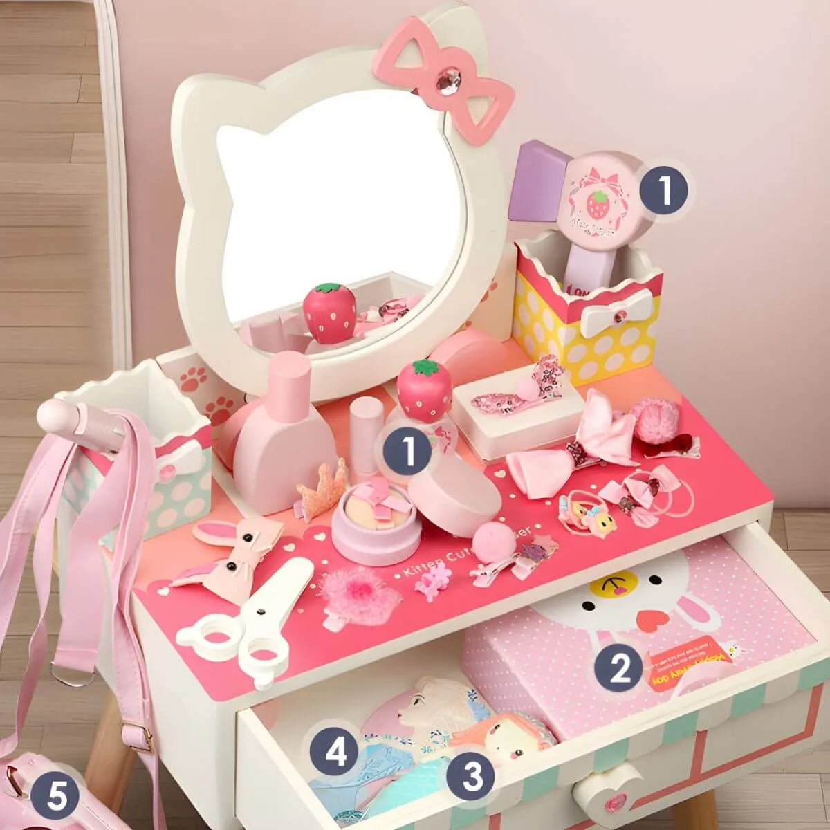 Princess-Themed Wooden Kids Makeup Vanity with Mirror & Jewelry Set