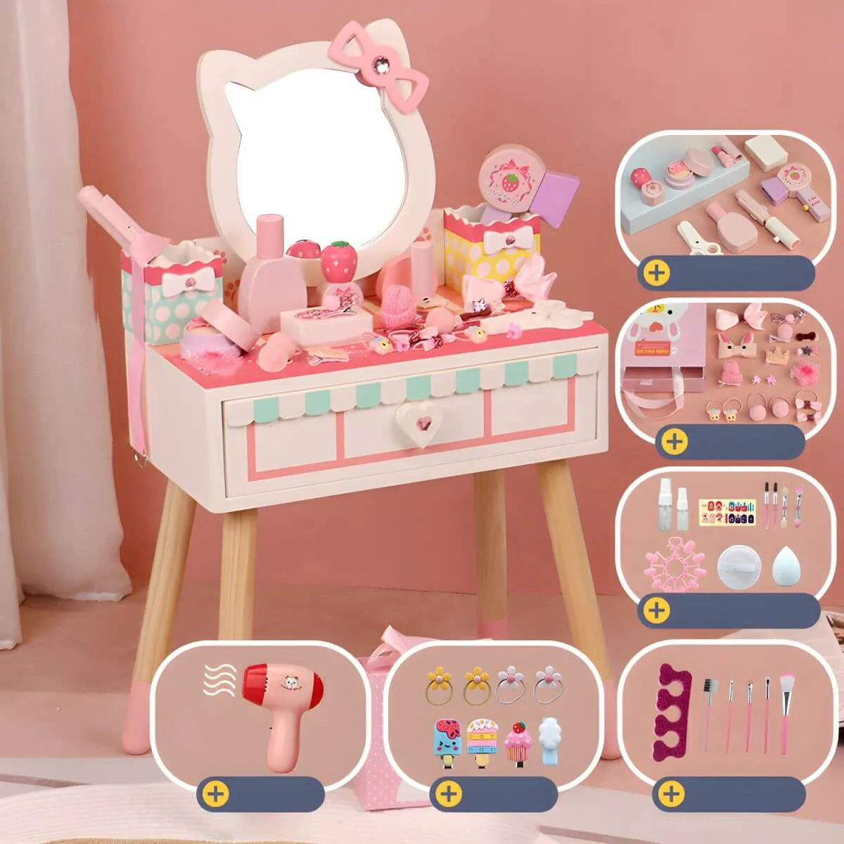 Princess-Themed Wooden Kids Makeup Vanity with Mirror & Jewelry Set