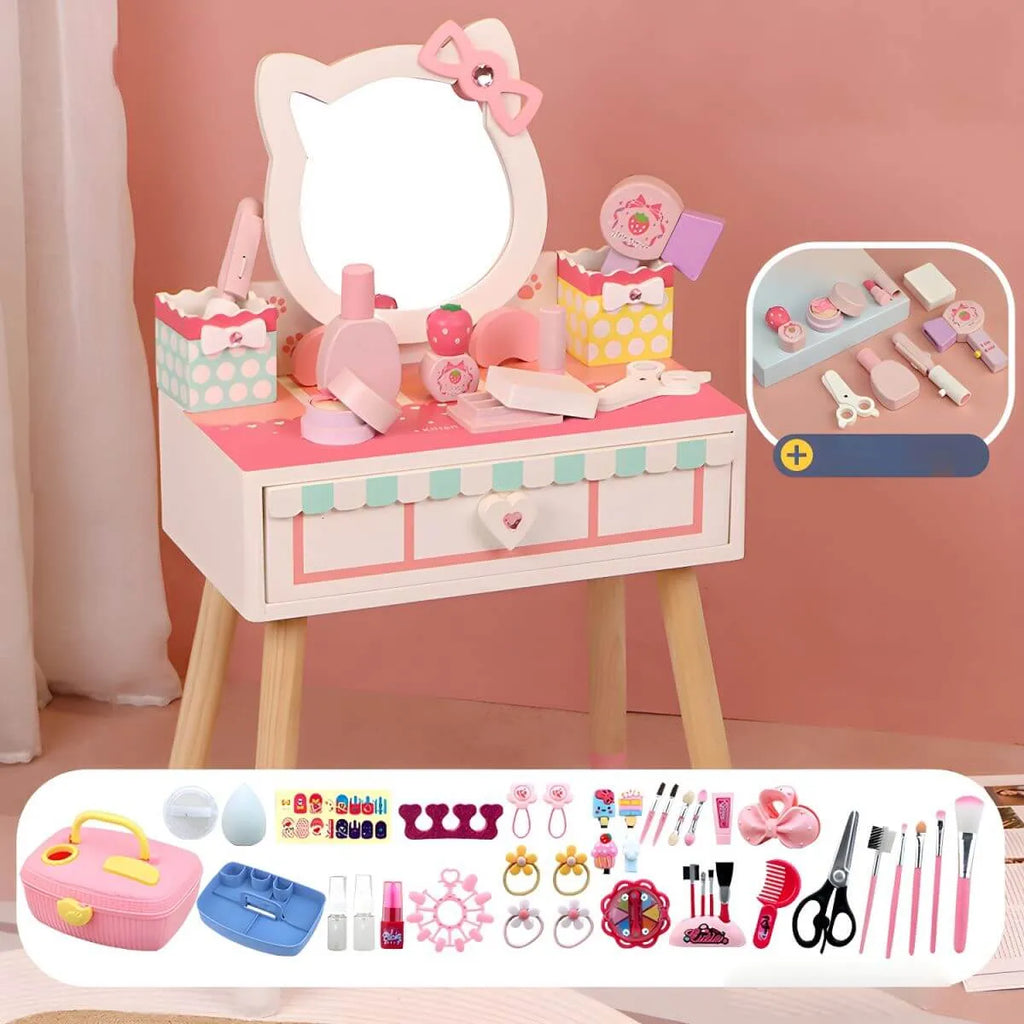 Princess-Themed Wooden Kids Makeup Vanity with Mirror & Jewelry Set