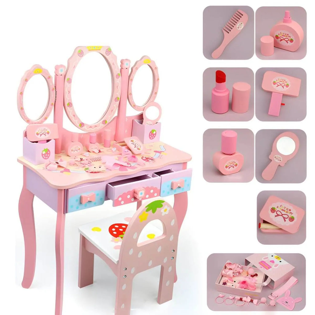 Princess-Themed Wooden Kids Makeup Vanity with Mirror & Jewelry Set
