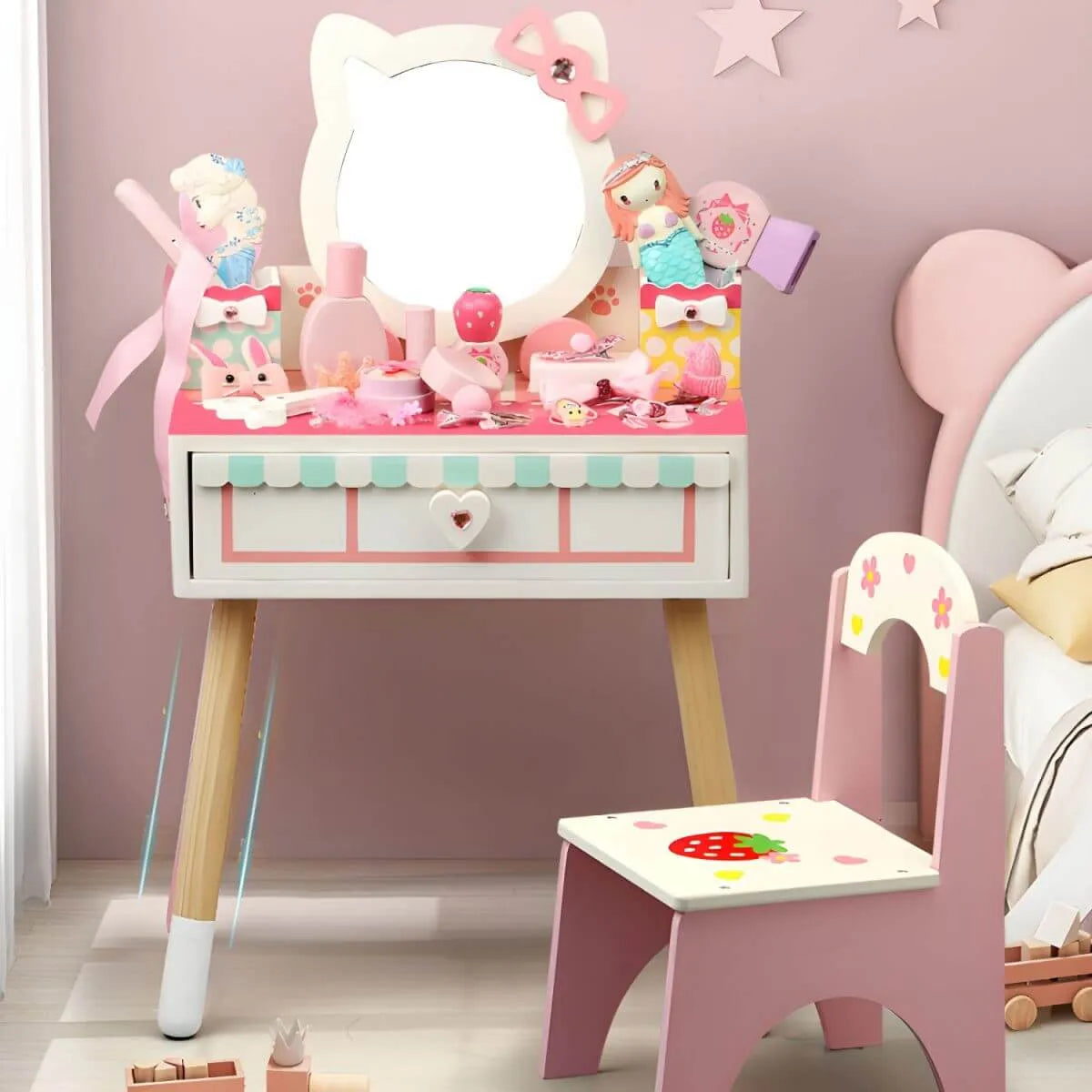 Princess-Themed Wooden Kids Makeup Vanity with Mirror & Jewelry Set