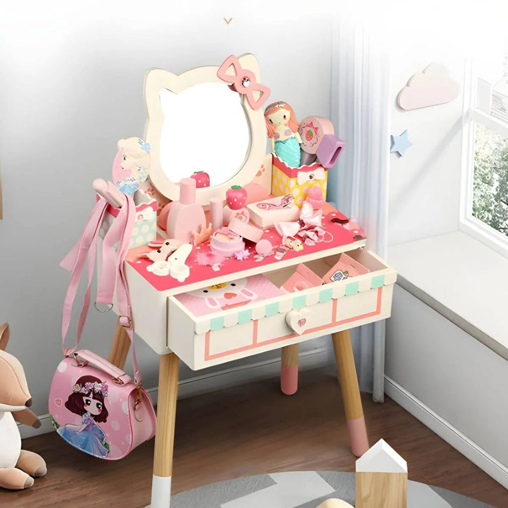 Princess-Themed Wooden Kids Makeup Vanity with Mirror & Jewelry Set