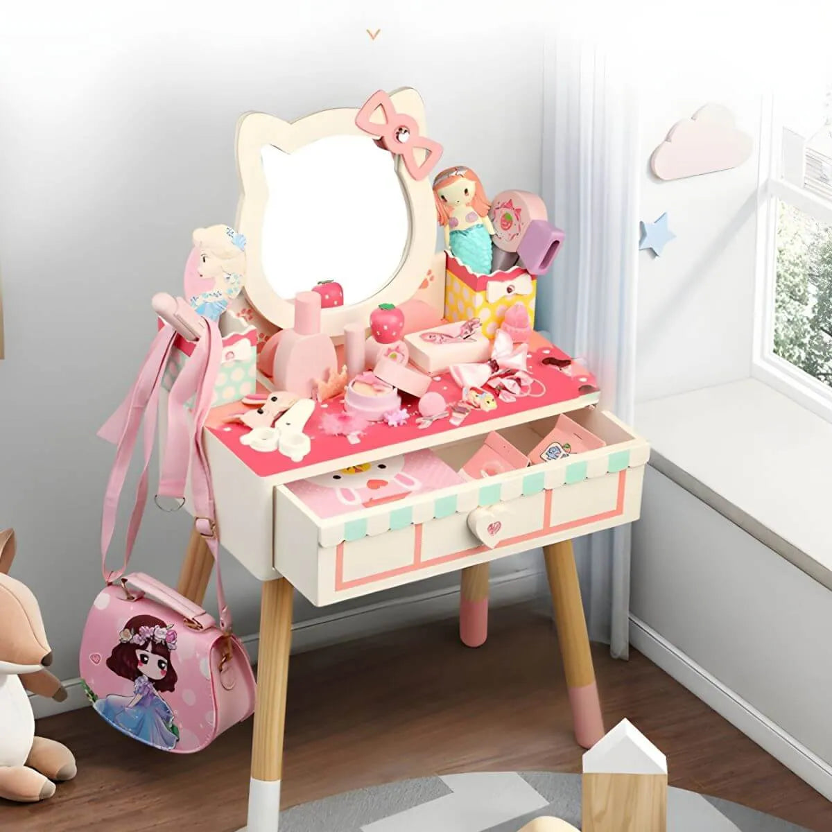 Princess-Themed Wooden Kids Makeup Vanity with Mirror & Jewelry Set