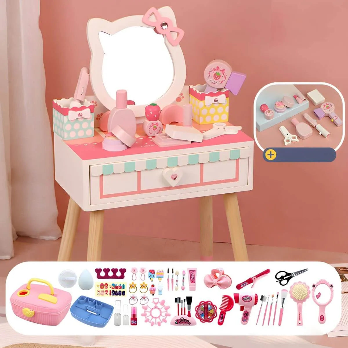 Princess-Themed Wooden Kids Makeup Vanity with Mirror & Jewelry Set