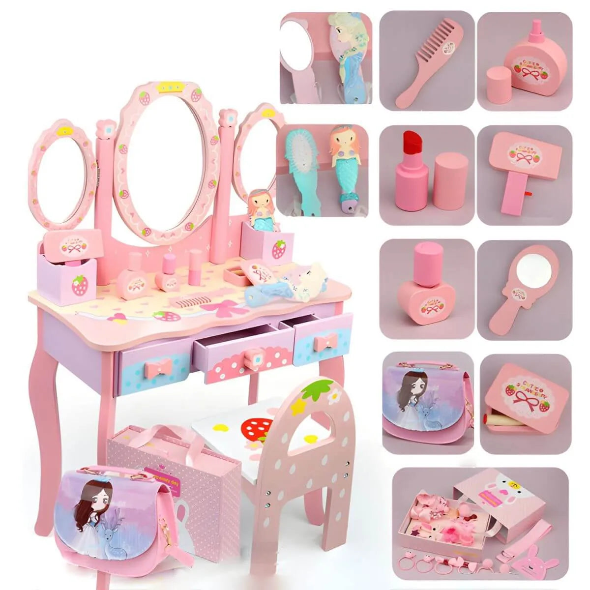 Princess-Themed Wooden Kids Makeup Vanity with Mirror & Jewelry Set