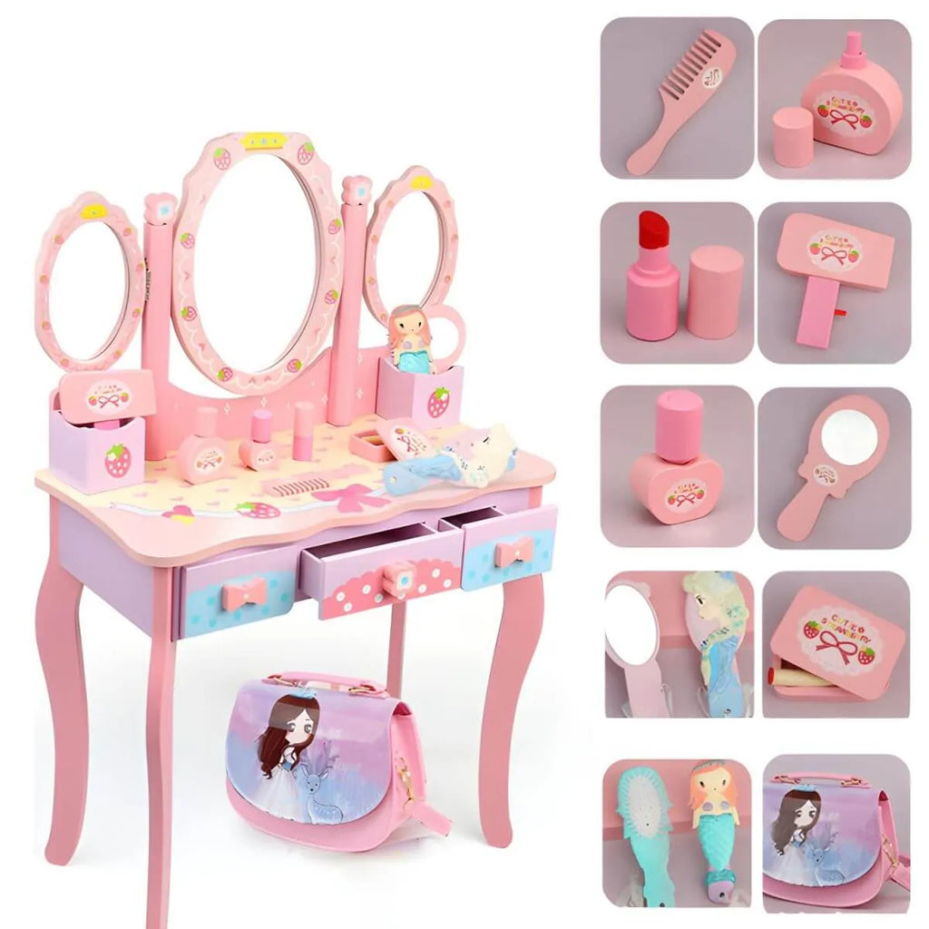 Princess-Themed Wooden Kids Makeup Vanity with Mirror & Jewelry Set