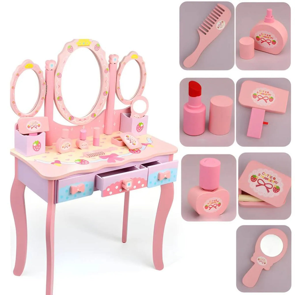 Princess-Themed Wooden Kids Makeup Vanity with Mirror & Jewelry Set