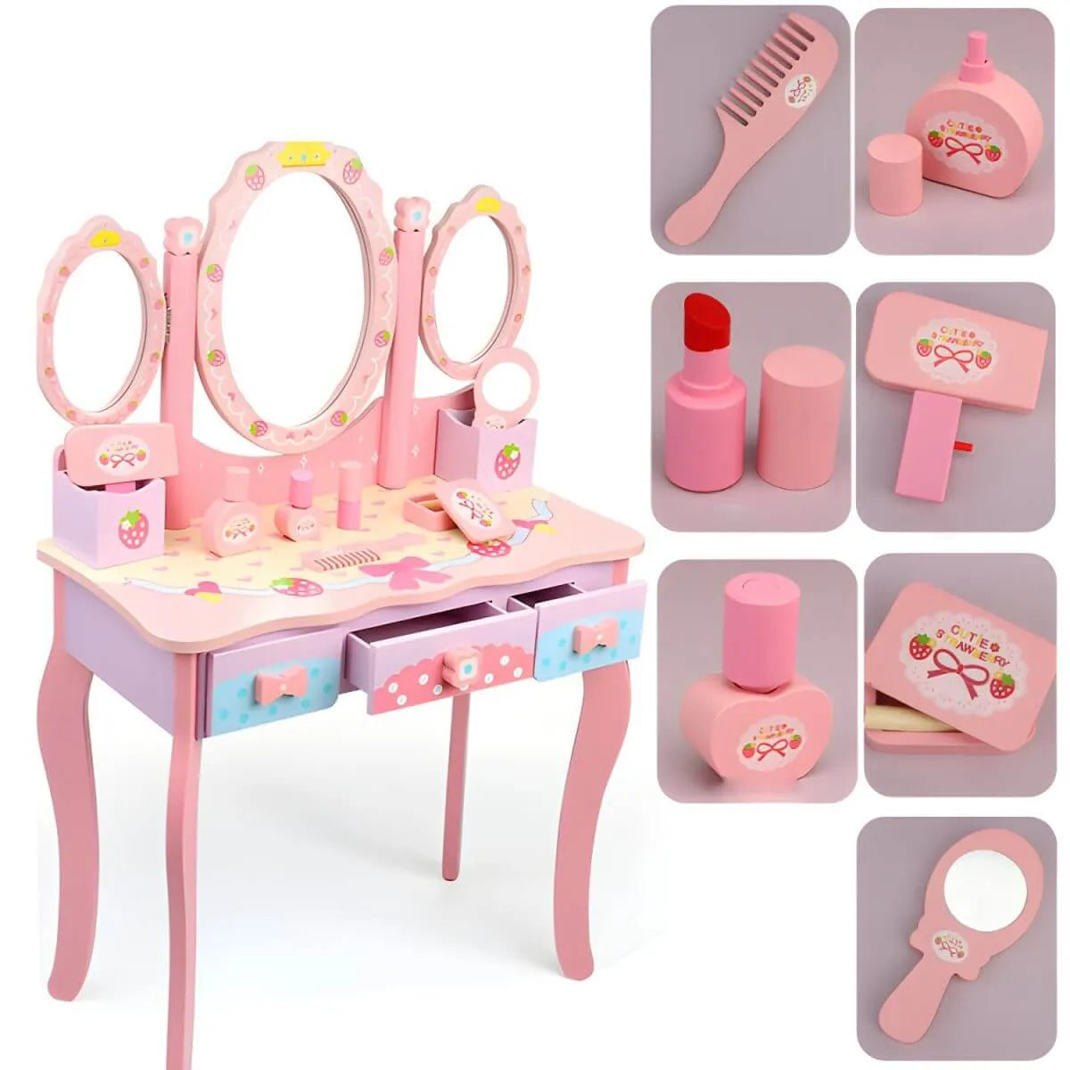 Princess-Themed Wooden Kids Makeup Vanity with Mirror & Jewelry Set