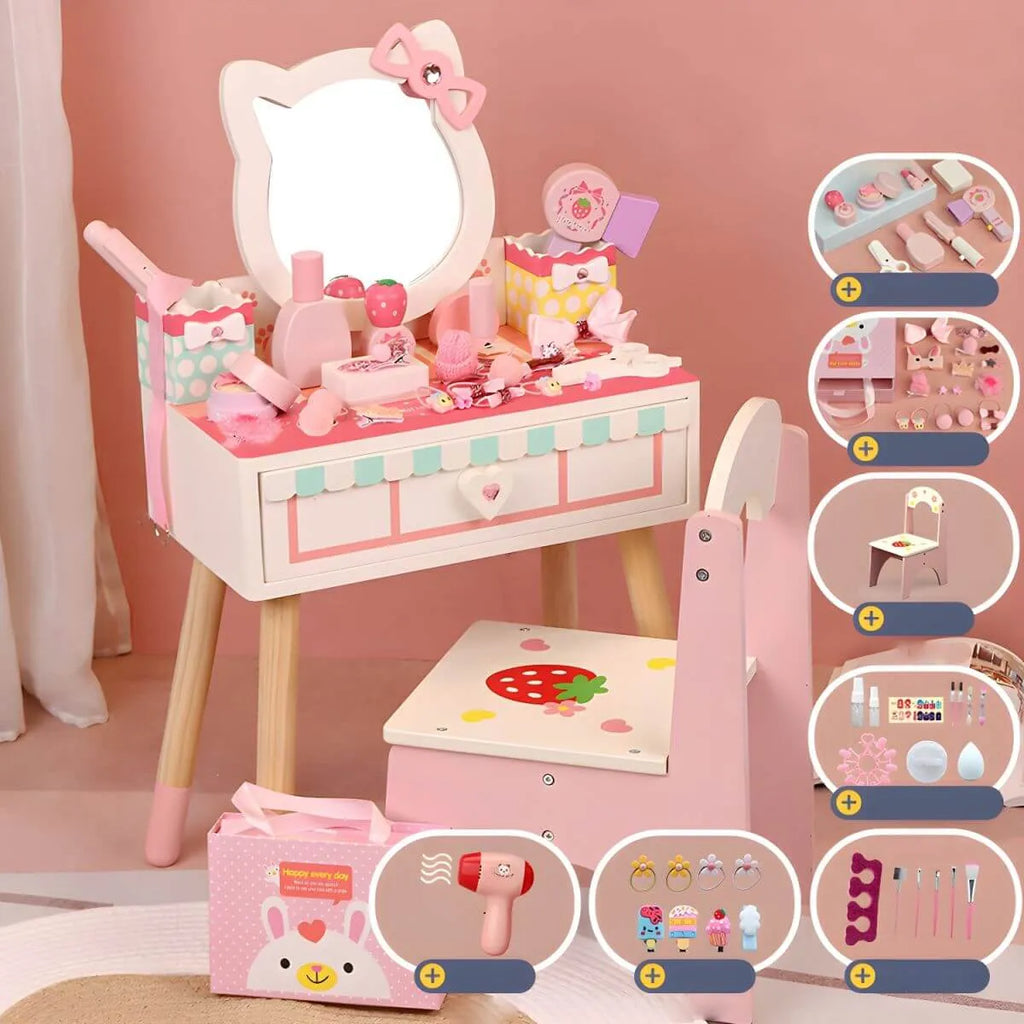 Princess-Themed Wooden Kids Makeup Vanity with Mirror & Jewelry Set