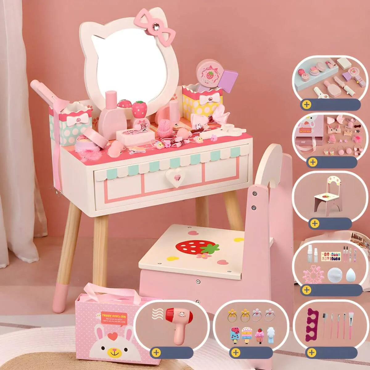 Princess-Themed Wooden Kids Makeup Vanity with Mirror & Jewelry Set