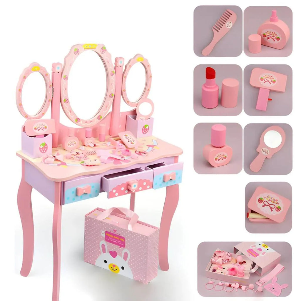 Princess-Themed Wooden Kids Makeup Vanity with Mirror & Jewelry Set