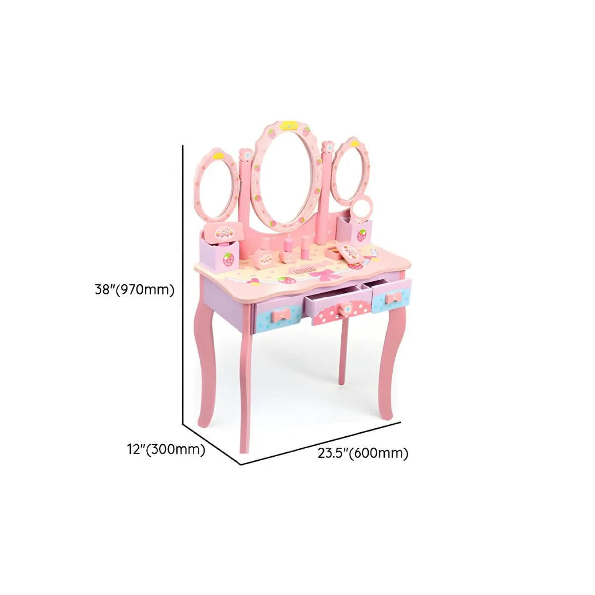 Princess-Themed Wooden Kids Makeup Vanity with Mirror & Jewelry Set Dimensions