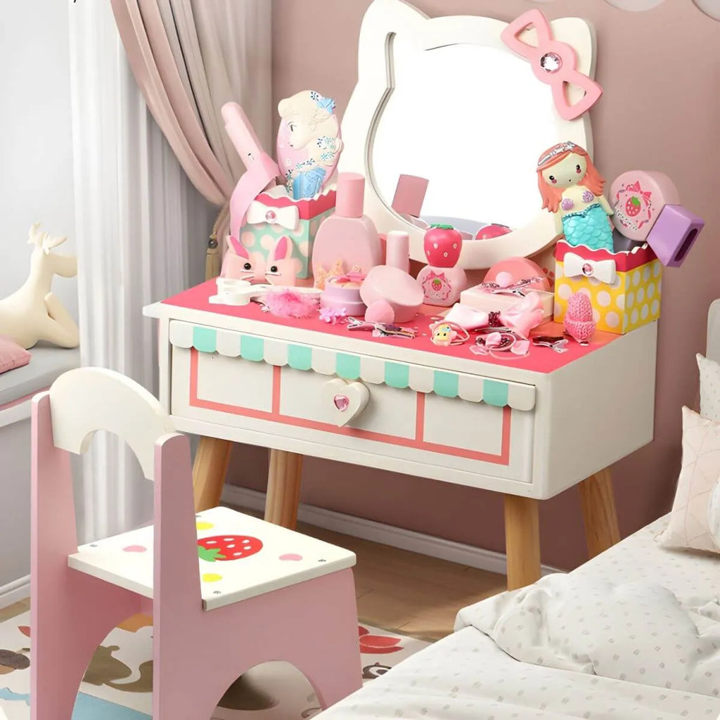 Princess-Themed Wooden Kids Makeup Vanity with Mirror & Jewelry Set Main Product Image