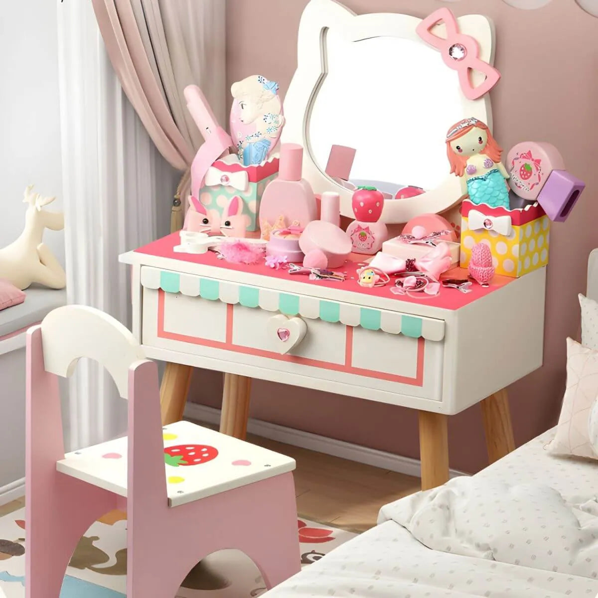 Princess-Themed Wooden Kids Makeup Vanity with Mirror & Jewelry Set Main Product Image Image principale du produit