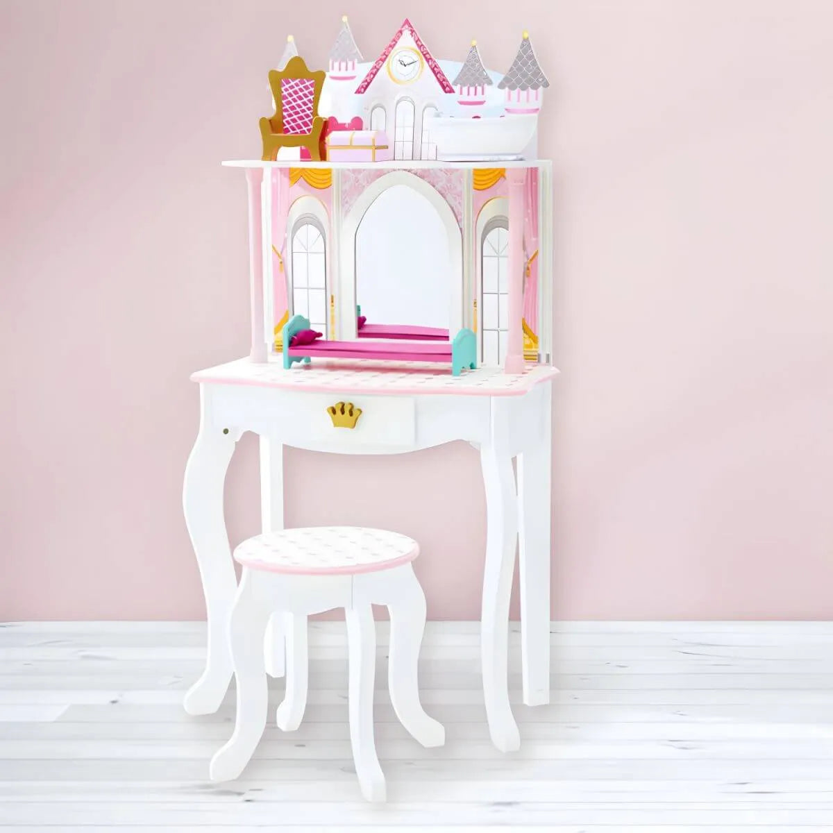 Princess-Themed Wooden Kids Vanity Set with Mirror and Stool