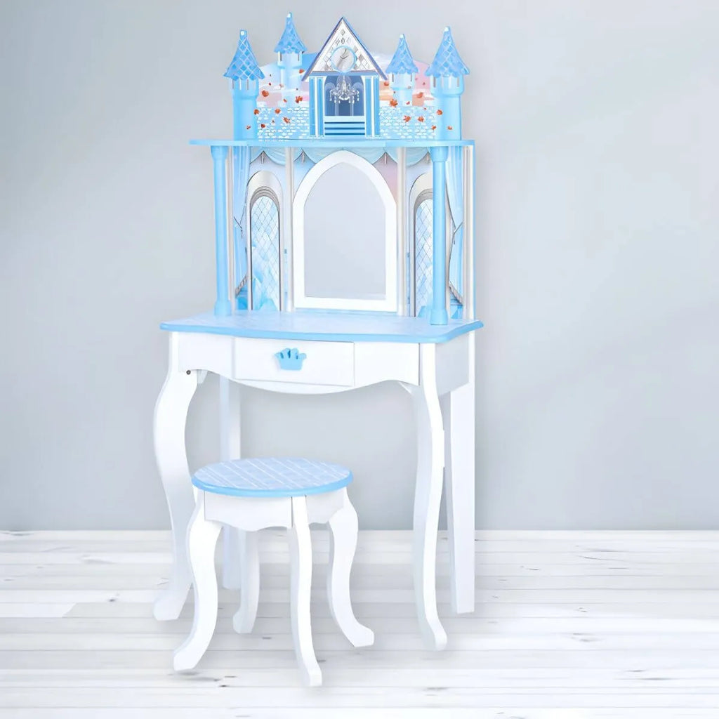 Princess-Themed Wooden Kids Vanity Set with Mirror and Stool