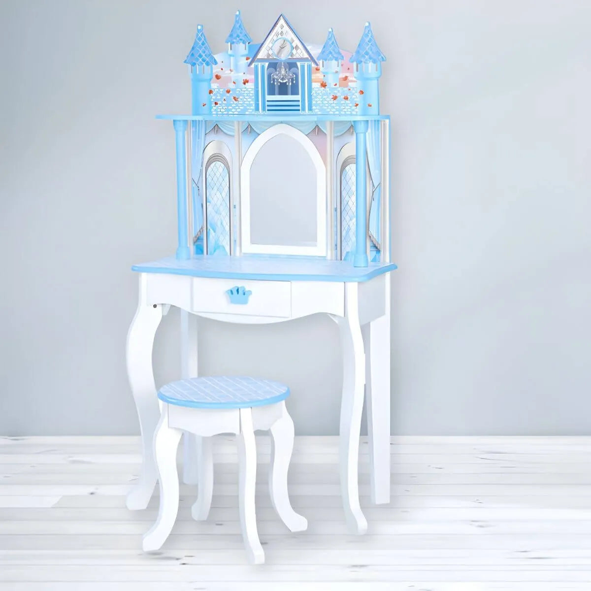 Princess-Themed Wooden Kids Vanity Set with Mirror and Stool