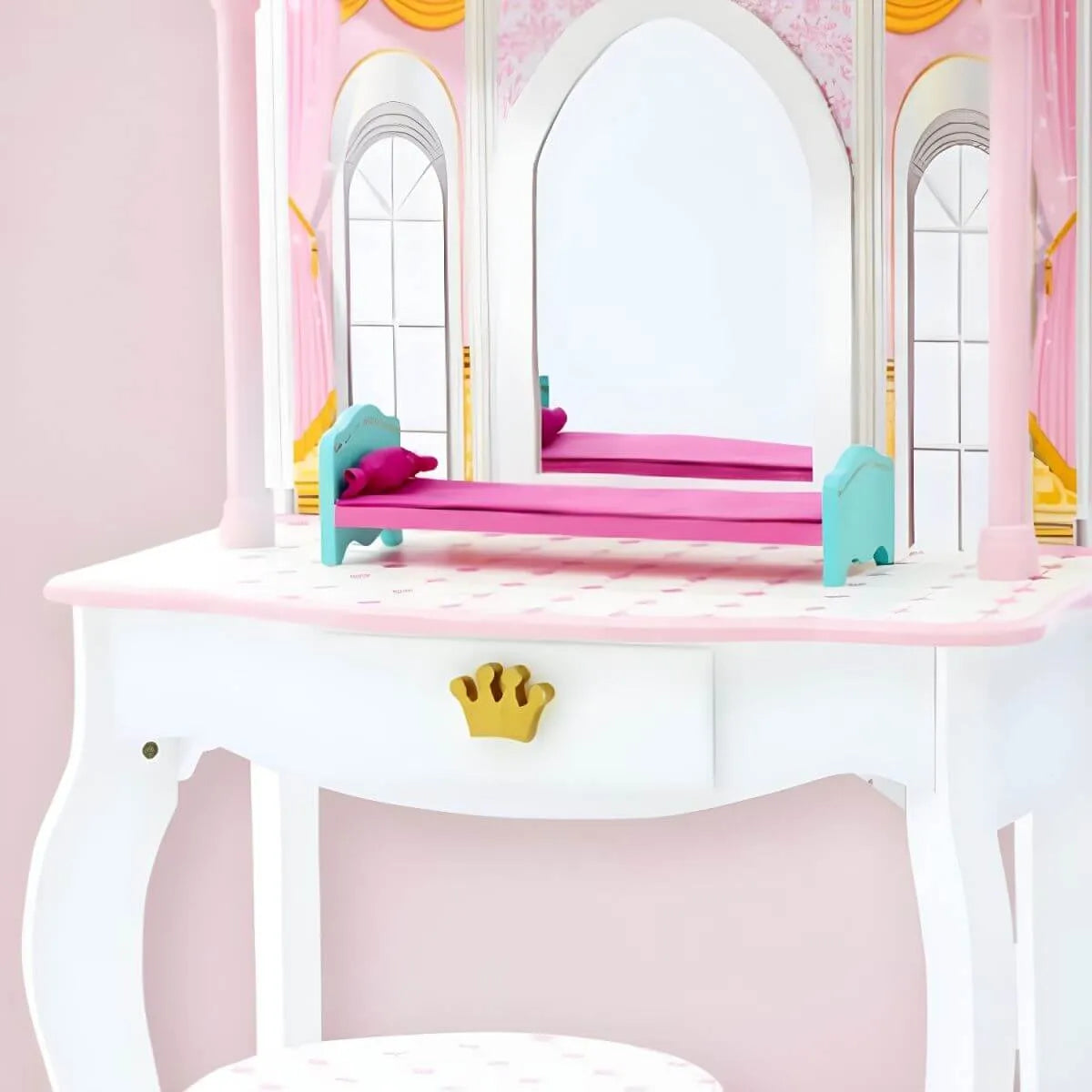 Princess-Themed Wooden Kids Vanity Set with Mirror and Stool