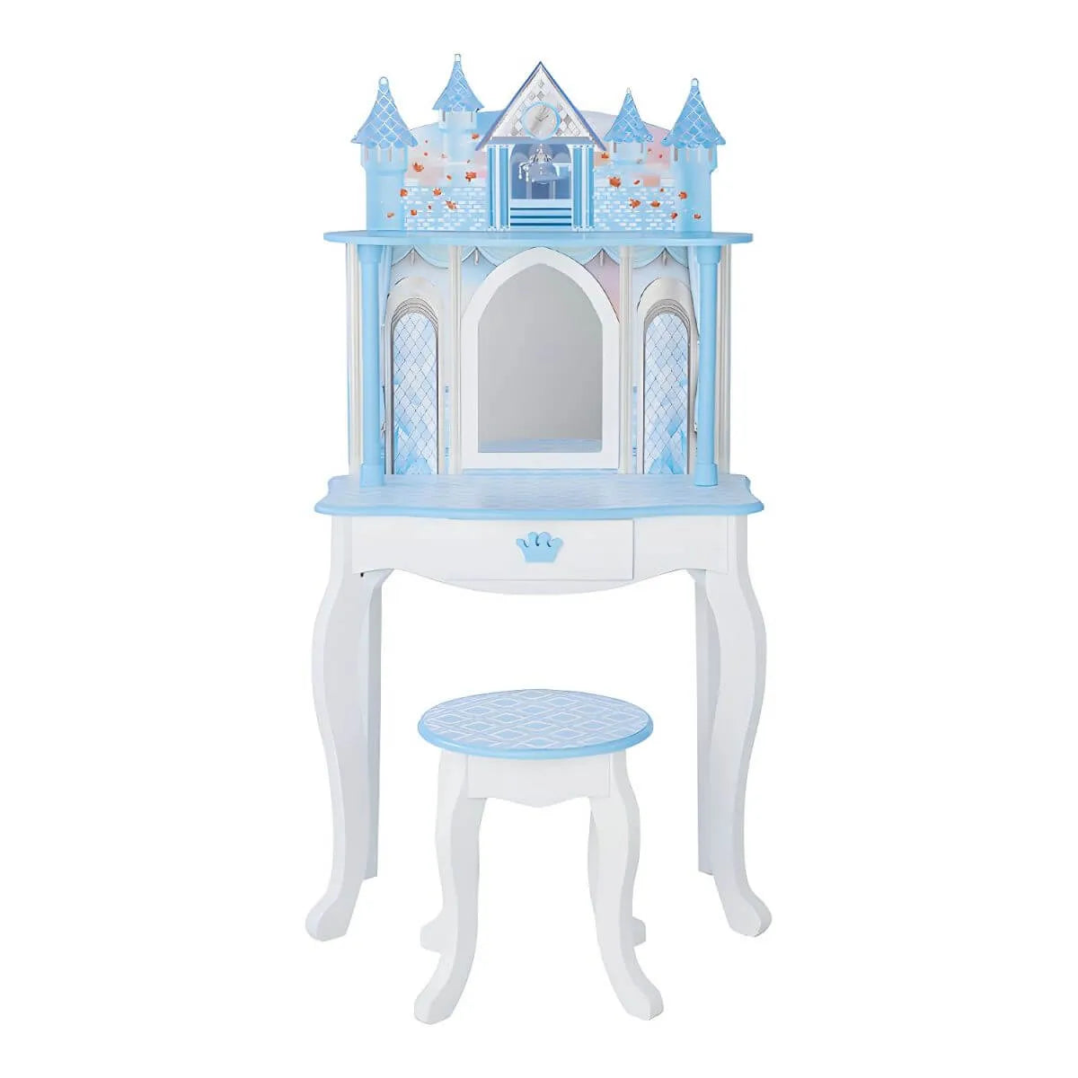 Princess-Themed Wooden Kids Vanity Set with Mirror and Stool