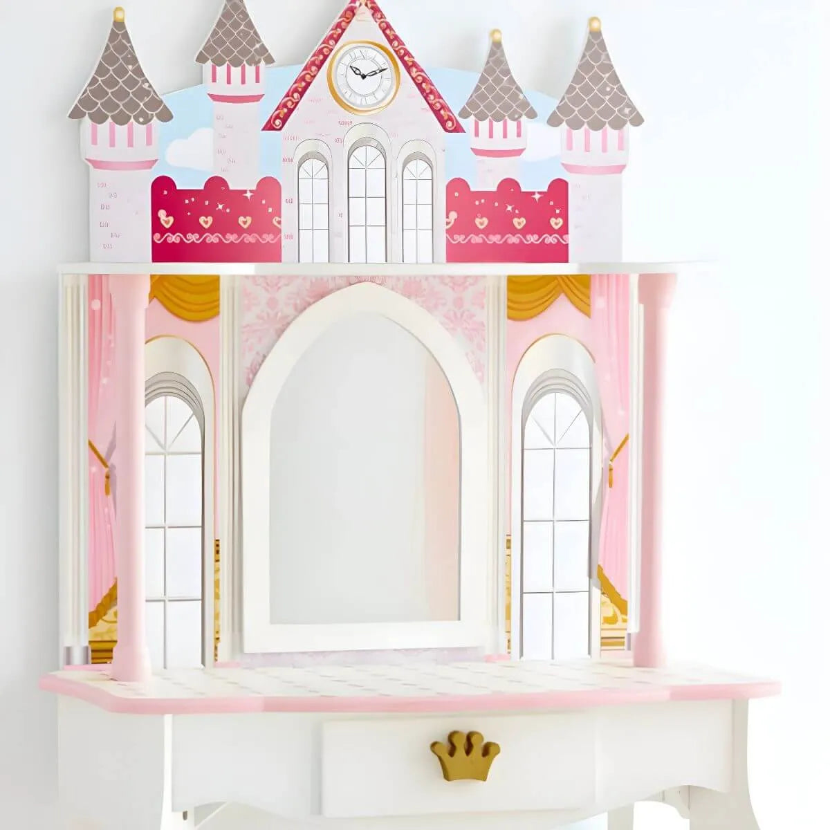Princess-Themed Wooden Kids Vanity Set with Mirror and Stool