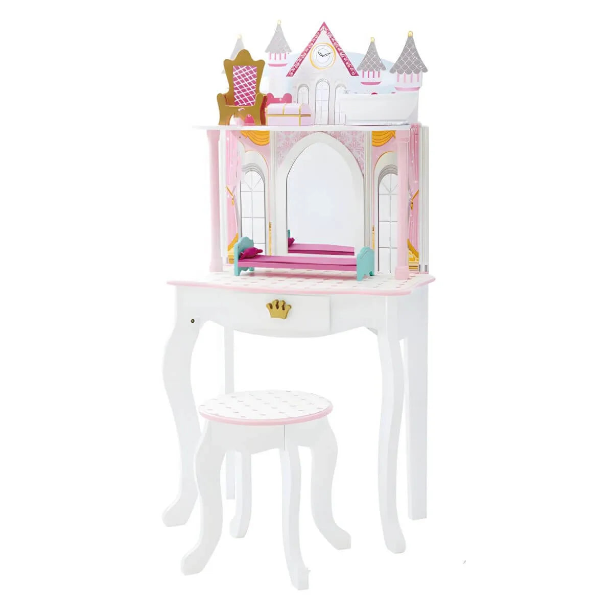 Princess-Themed Wooden Kids Vanity Set with Mirror and Stool