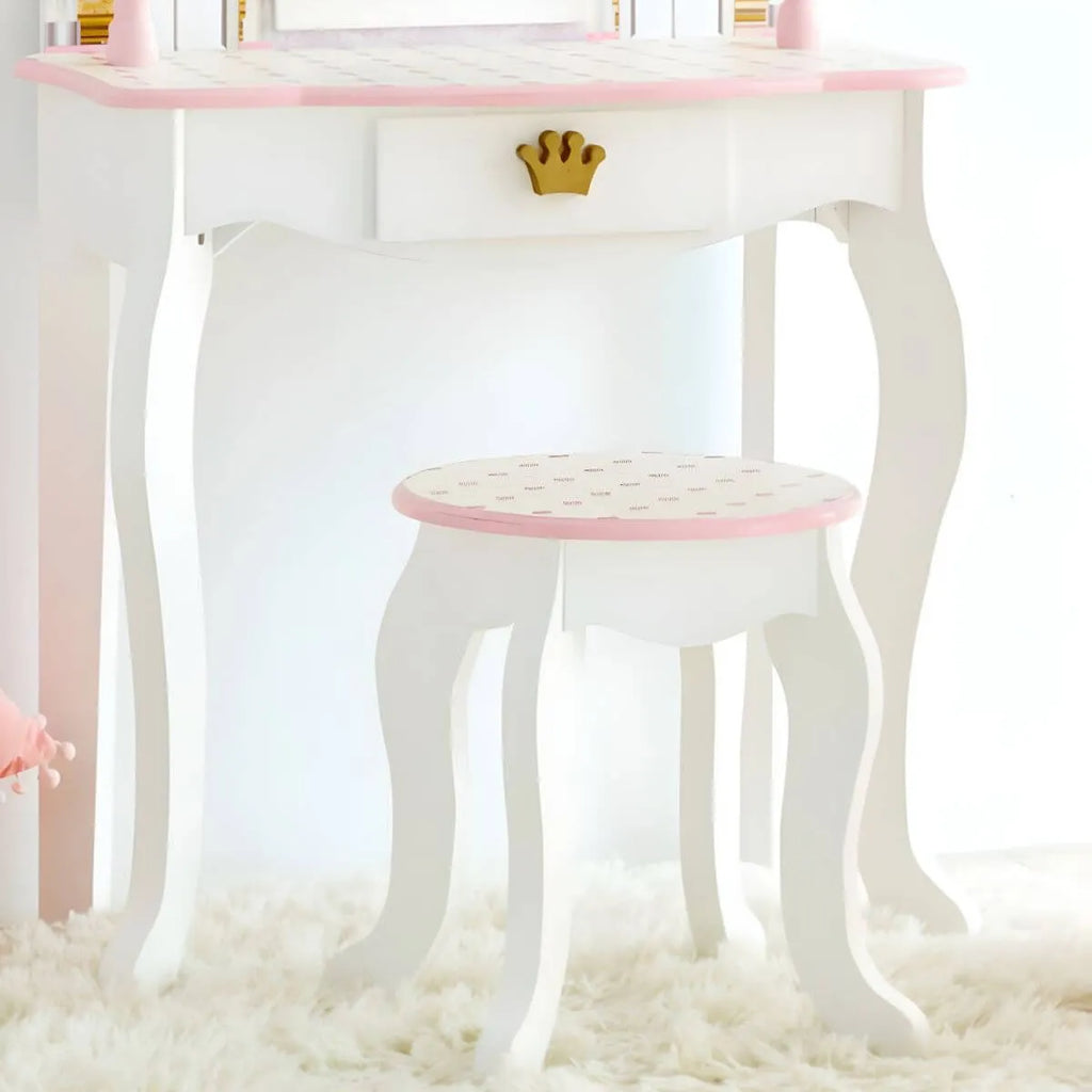 Princess-Themed Wooden Kids Vanity Set with Mirror and Stool
