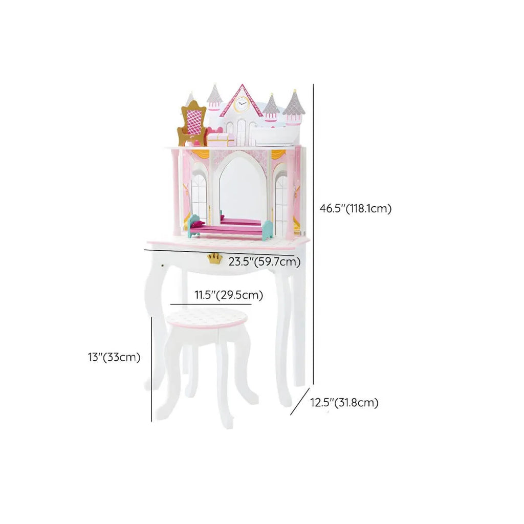 Princess-Themed Wooden Kids Vanity Set with Mirror and Stool Dimensions