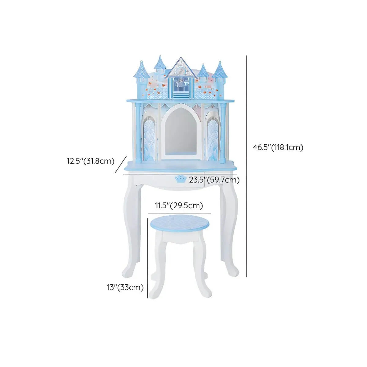 Princess-Themed Wooden Kids Vanity Set with Mirror and Stool Dimensions