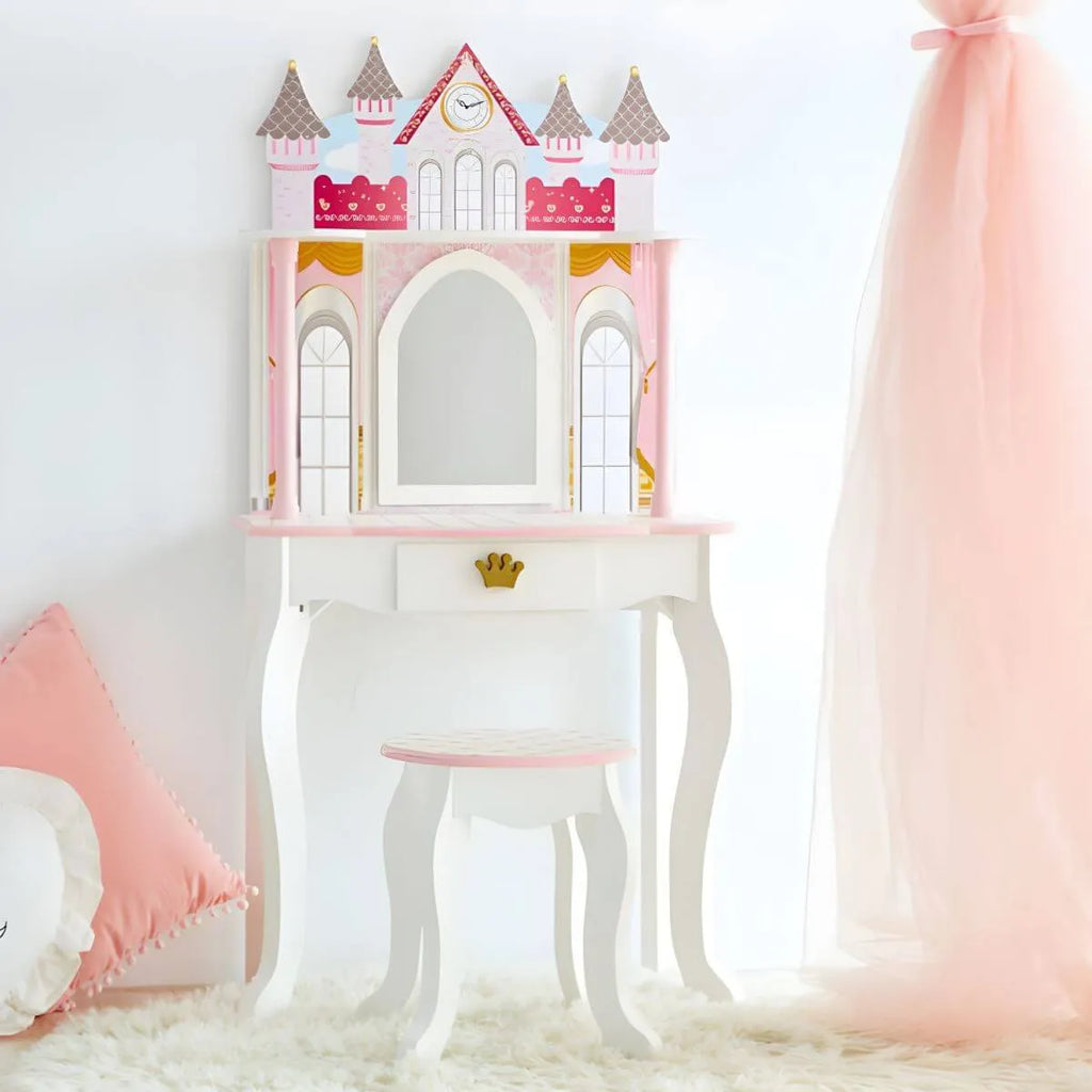 Princess-Themed Wooden Kids Vanity Set with Mirror and Stool Main Product Image
