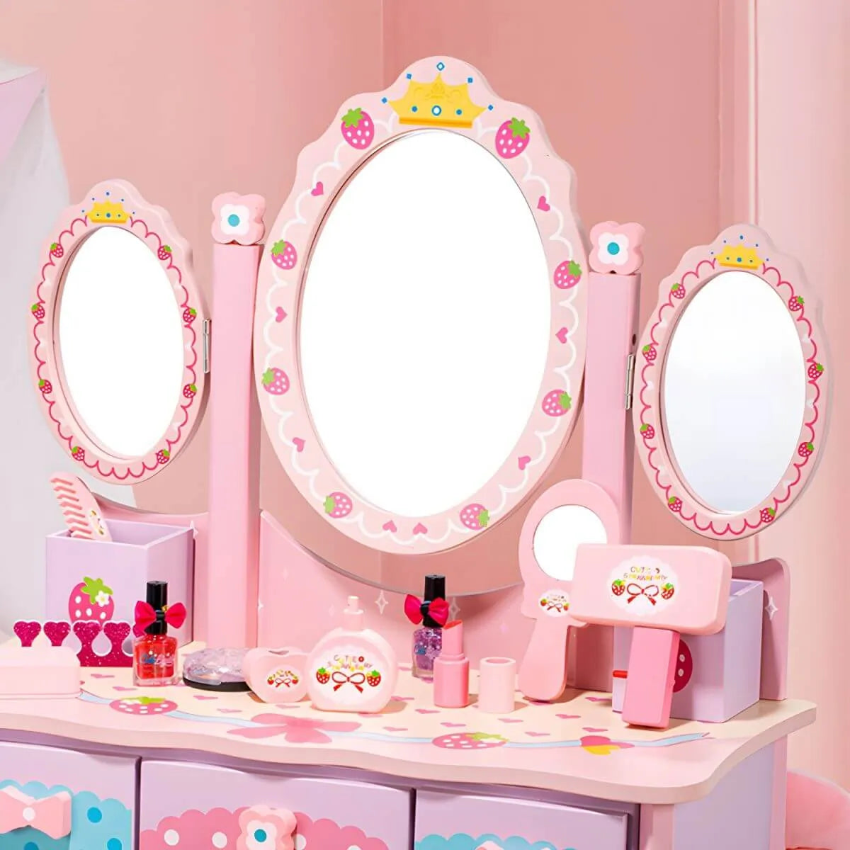 Princess-Themed Wooden Kids Vanity Set with Mirror and Storage