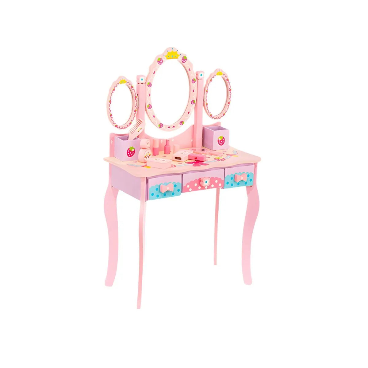 Princess-Themed Wooden Kids Vanity Set with Mirror and Storage