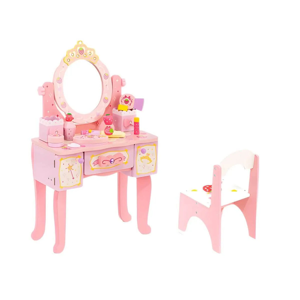 Princess-Themed Wooden Kids Vanity Set with Mirror and Storage