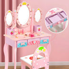 Princess-Themed Wooden Kids Vanity Set with Mirror and Storage